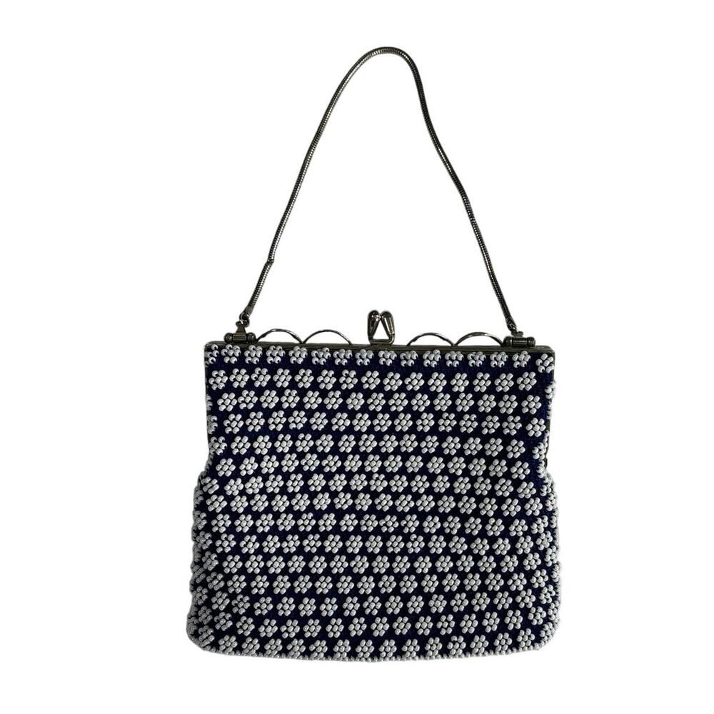 Vintage Navy Blue & White Beaded Evening Purse | Hand-Beaded Kiss-Lock Clutch